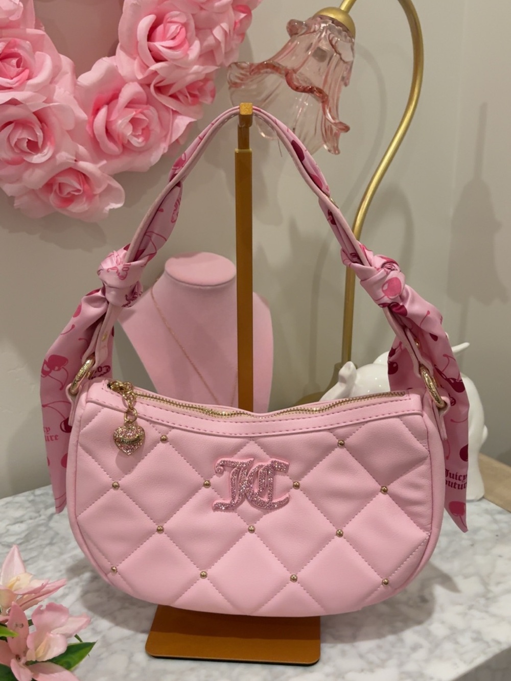 Juicy Couture Baby Pink Quilted Shoulder Bag with Scarf-Wrapped Handle